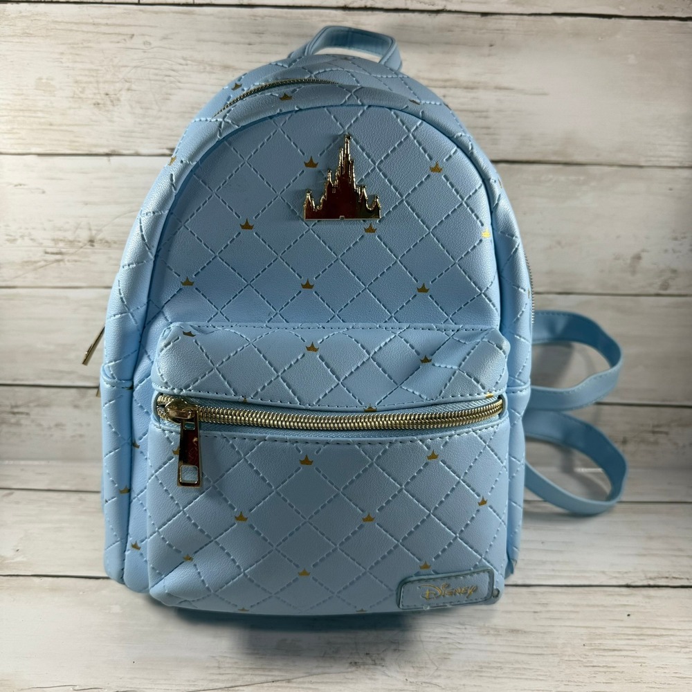 Disney Mini Backpack Light Blue‎ Quilted Castle Crown Faux Leather Gold Hardware